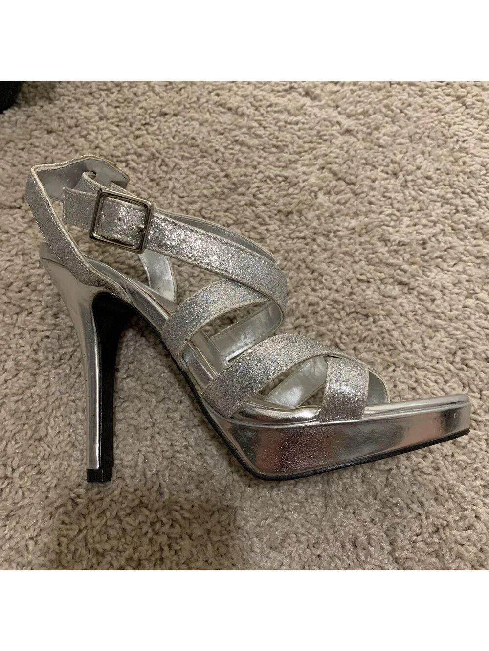Women’s Tevolio High Heels Silver Sparkle Open Toe Ankle Strap Shoes Size 5.5